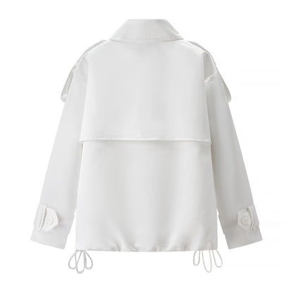 Women Short Boxy Double-breasted Trench with Drawstring and Decorative Shoulder Straps Shop Velvia
