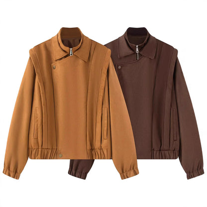 Women's short wool bomber jacket with asymmetrical zipper, stand-up collar, and elastic hem Shop Velvia