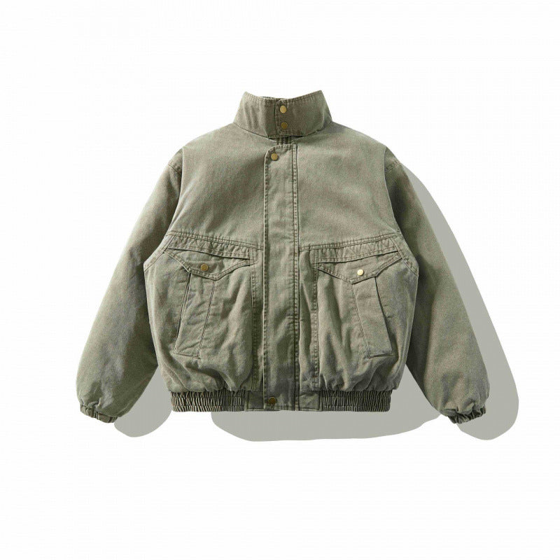 Unisex Loose-Fitting Canvas Utility Jacket with Standing Collar, Flap Pockets and Elastic Hem Shop Velvia