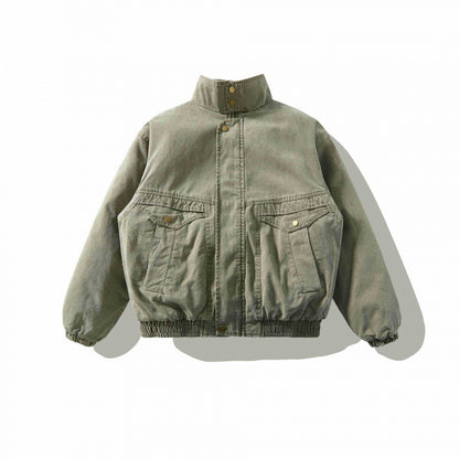 Unisex Loose-Fitting Canvas Utility Jacket with Standing Collar, Flap Pockets and Elastic Hem Shop Velvia