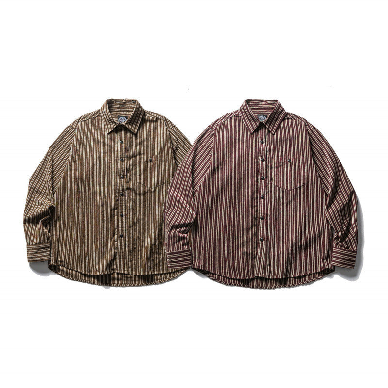 Men's Oversize Cord Shirt with Vertical Stripes, Chest Pocket and Rounded Hem Shop Velvia