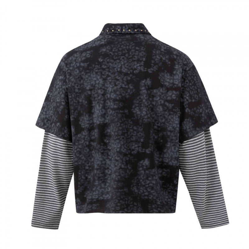 Unisex Layered Look Polo Shirt with Studded Collar, Graphic Print and Striped Sleeves Shop Velvia
