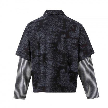 Unisex Layered Look Polo Shirt with Studded Collar, Graphic Print and Striped Sleeves Shop Velvia