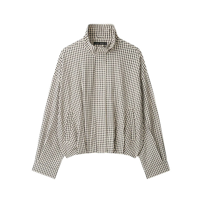Women's short-cut checked bomber jacket with stand-up collar, elastic hem and concealed zipper Shop Velvia