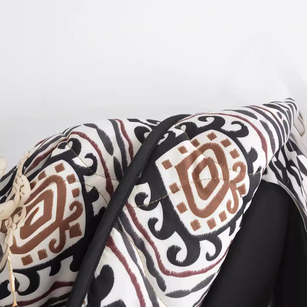 Women's quilted kimono jacket with graphic ethnic print and waist belt Shop Velvia