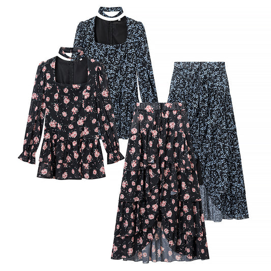 Women’s Two-Piece Chiffon Set – Tailored Ruffle Blouse with Square Neckline, Choker and Tiered Wrap Maxi Skirt Shop Velvia