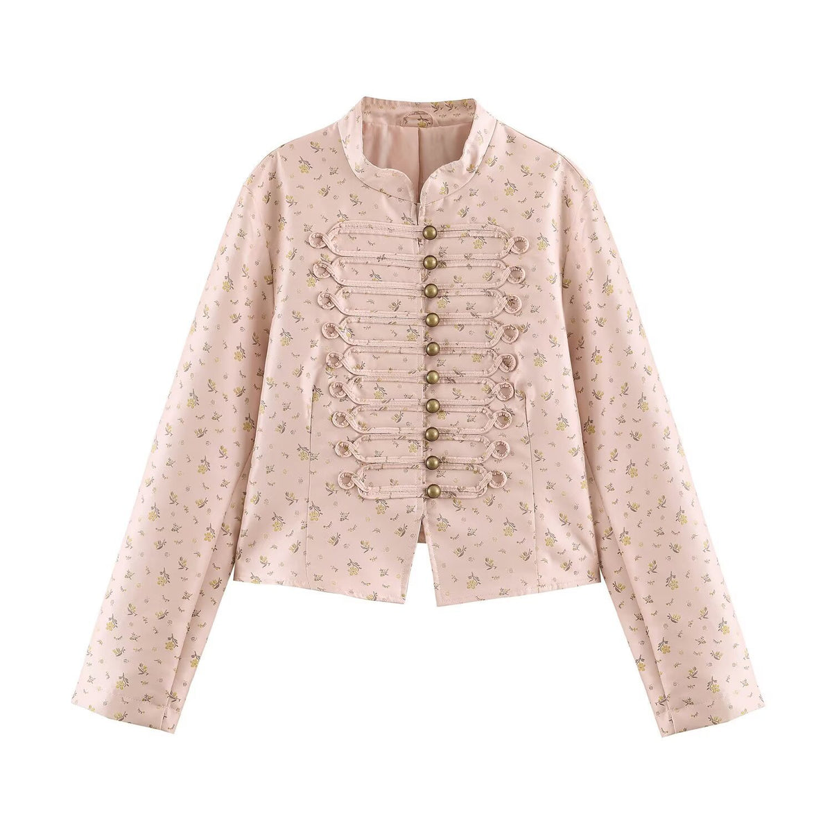 Women Cropped Satin Jacket in Military Style with Decorative Frog Trim Shop Velvia
