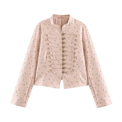 Women Cropped Satin Jacket in Military Style with Decorative Frog Trim Shop Velvia