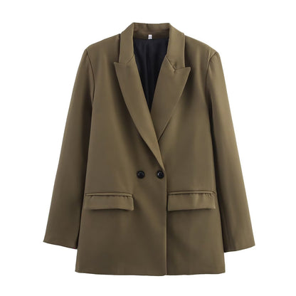 Women's Double-Breasted Blazer with Lapel Collar, Longer Oversized Cut and Flap Pockets Shop Velvia