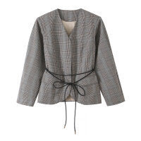 Women tailored glencheck blazer jacket with V-neck and tie waist Shop Velvia