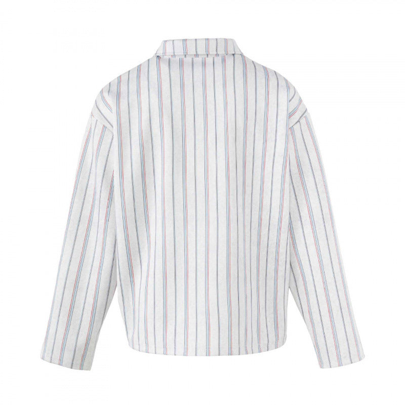 Unisex Striped Overshirt with Henley Button Placket and Decorative Pin Details Shop Velvia