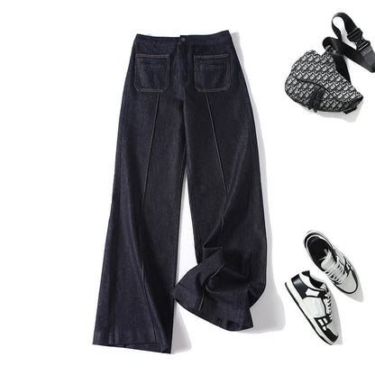 Women's High-Waist Wide Denim Trousers with Continuous Center Seam and Sewn-On Pockets Shop Velvia