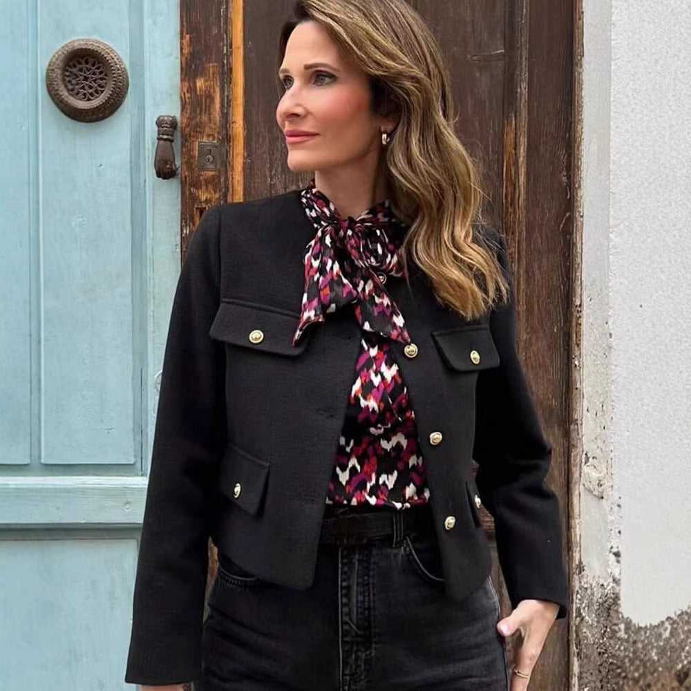 Women Short-Cut Boucle Blazer with Round Neckline, Four Flap Pockets and Gold Decorative Buttons Shop Velvia