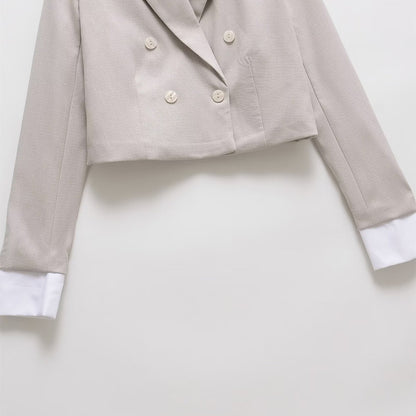 Women Cropped Double-Breasted Blazer with Lapel Collar Shop Velvia