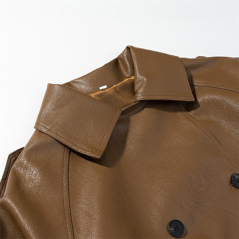 Women Cropped Faux Leather Trench Coat with Waist Belt, Double Breasted and Epaulettes Shop Velvia
