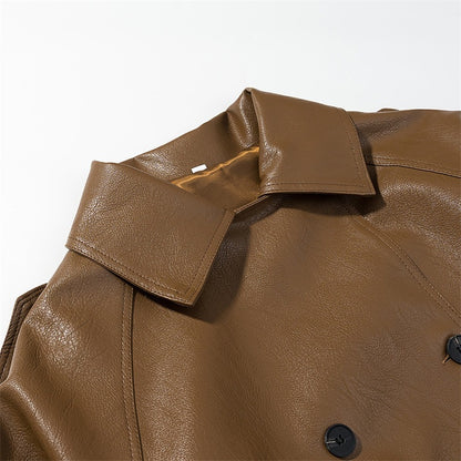 Women Cropped Faux Leather Trench Coat with Waist Belt, Double Breasted and Epaulettes Shop Velvia