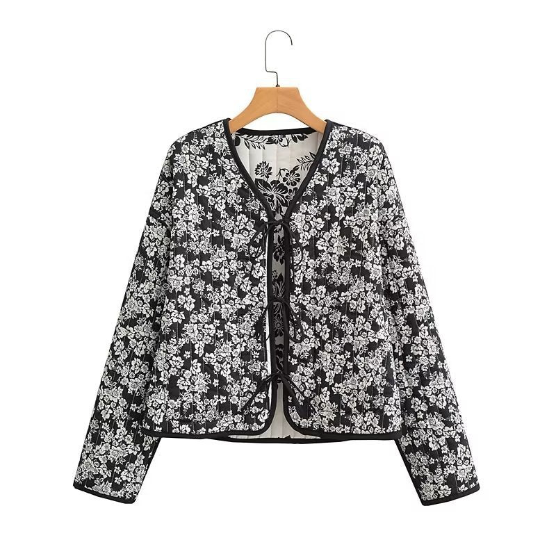 Women's Quilted Short Jacket with Floral Allover Print and Tie Ribbons Shop Velvia