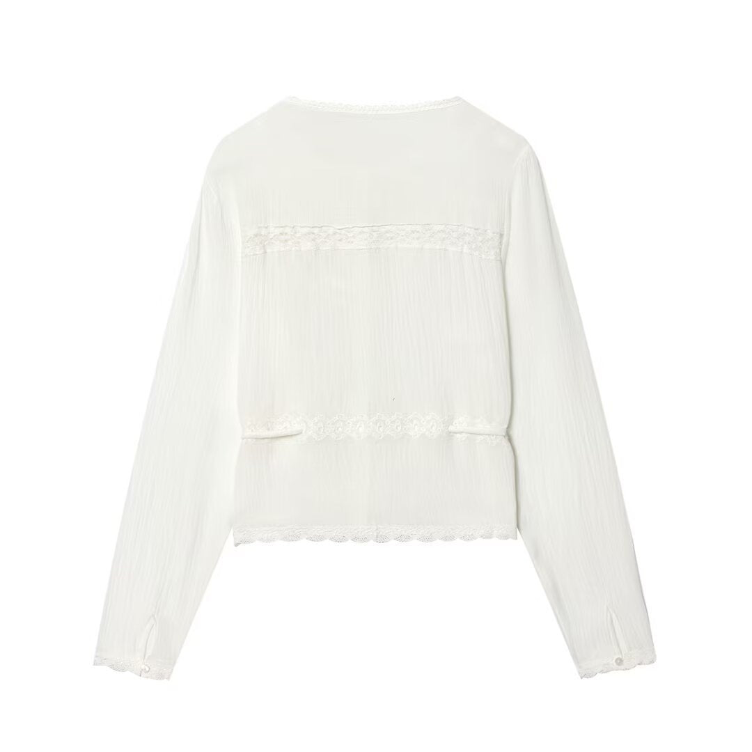 Women’s Light Embroidery Blouse with Lace Collar, Tie Waist and Button Placket Shop Velvia