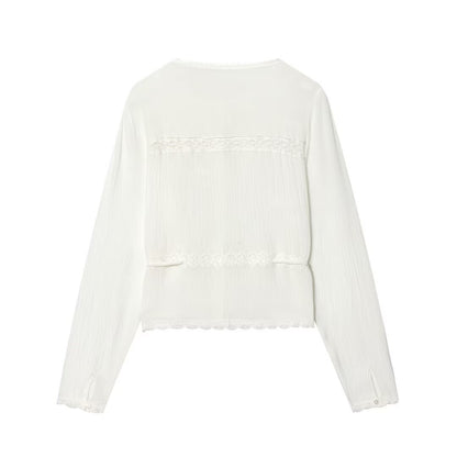 Women’s Light Embroidery Blouse with Lace Collar, Tie Waist and Button Placket Shop Velvia
