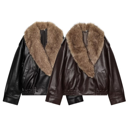 Women's Short Cut Biker Leather Jacket with Voluminous Faux Fur Shawl Collar Shop Velvia