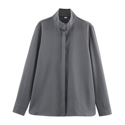 Women's loose-fitting tunic blouse with concealed button placket and stand-up collar Shop Velvia