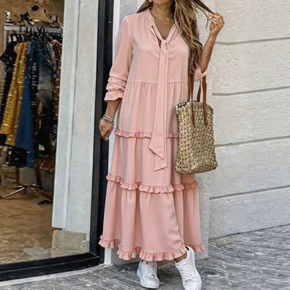 Women's Long Tiered Ruffle Maxi Dress with Tied Scarf and V-Neck Shop Velvia