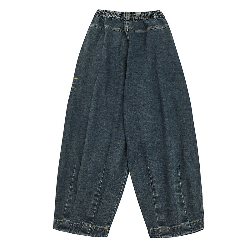 Ladies Wide Denim Pants with Pleats, Elastic Waistband and Casual Silhouette Shop Velvia