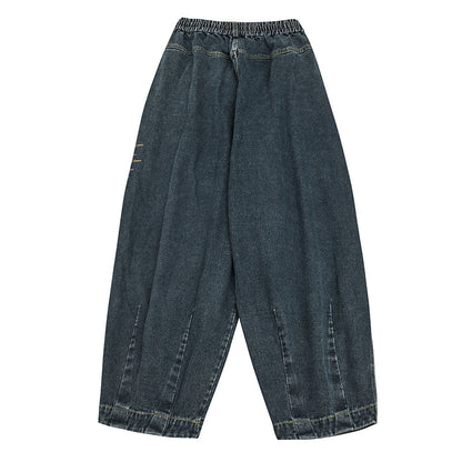 Ladies Wide Denim Pants with Pleats, Elastic Waistband and Casual Silhouette Shop Velvia