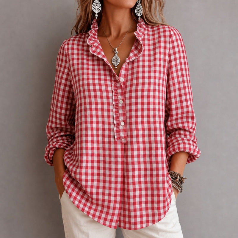 Women Checked Blouse Top with Ruffled Collar and Half Button Placket Shop Velvia