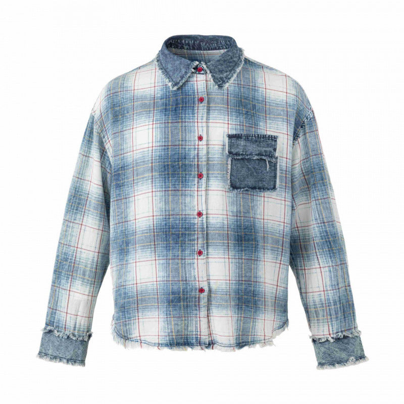 Unisex Checked Overshirt in Used Look with Fringes, Denim Collar and Patch Chest Pocket Shop Velvia