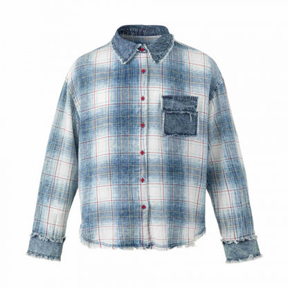 Unisex Checked Overshirt in Used Look with Fringes, Denim Collar and Patch Chest Pocket Shop Velvia