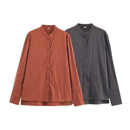 Women's Oversized Shirt Blouse with Mandarin Collar and Full Button Placket Shop Velvia