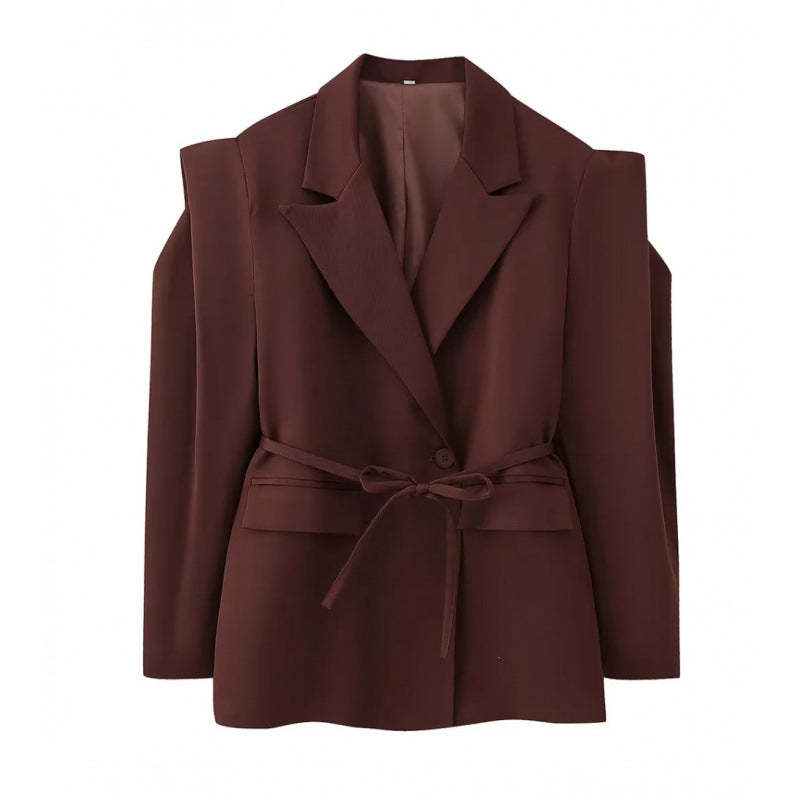 Women Tailored Blazer with Delicate Tie Waist, Emphasized Shoulder Area and Flap Pockets Shop Velvia