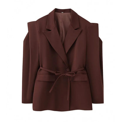 Women Tailored Blazer with Delicate Tie Waist, Emphasized Shoulder Area and Flap Pockets Shop Velvia
