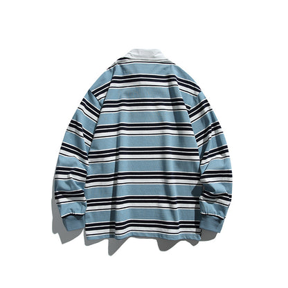 Unisex Oversize-Long Sleeve-Rugby Shirt with Contrast Collar and Distinctive Striped Pattern Shop Velvia