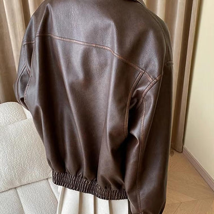 Women's Boxy Faux Leather Pilot Jacket with Flap Pockets and Elastic Hem Shop Velvia