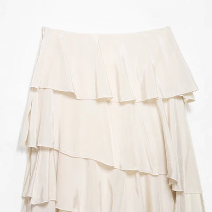Women's Asymmetrical Tiered Skirt with Ruffles and Flowing Satin Fall Shop Velvia
