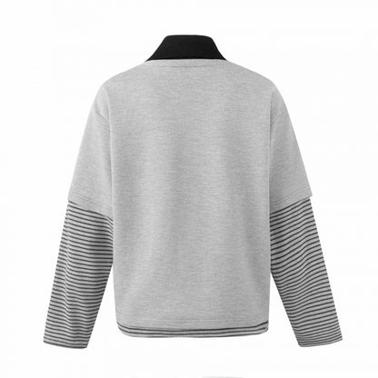 Unisex Oversize Sweatshirt with Layering Polo Collar, Striped Sleeves and Statement Print Shop Velvia