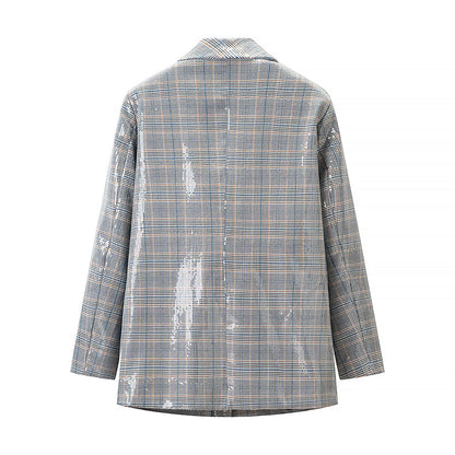 Ladies glencheck blazer with sequin trim and patch pockets Shop Velvia
