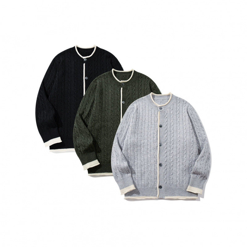 Unisex fine knit cardigan with cable pattern, round neck and contrast trim Shop Velvia