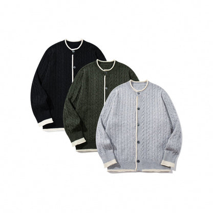 Unisex fine knit cardigan with cable pattern, round neck and contrast trim Shop Velvia