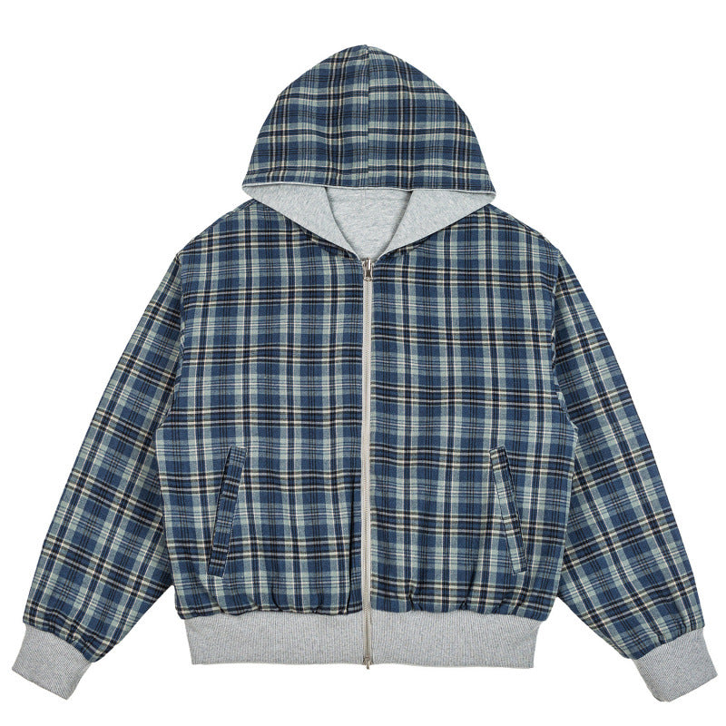 Unisex Padded Hoodie Bomber Jacket with Checkered Flannel Lining and Sturdy Zipper Shop Velvia