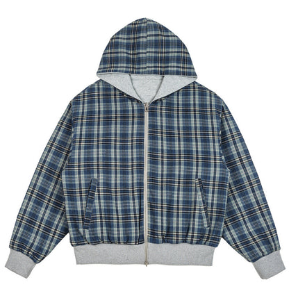Unisex Padded Hoodie Bomber Jacket with Checkered Flannel Lining and Sturdy Zipper Shop Velvia