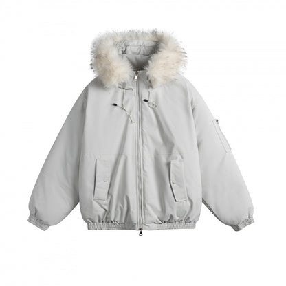 Women's Padded Bomber Jacket with Faux Fur Hood, Boxy Cut and Utility Pockets Shop Velvia