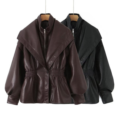 Women's Faux Leather Jacket with Wide Shawl Collar and Gathered Waistband Shop Velvia
