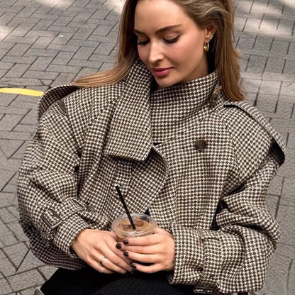 Women's Oversize Houndstooth Coat with Cape Detail, High Stand Collar and Adjustable Cuffs Shop Velvia