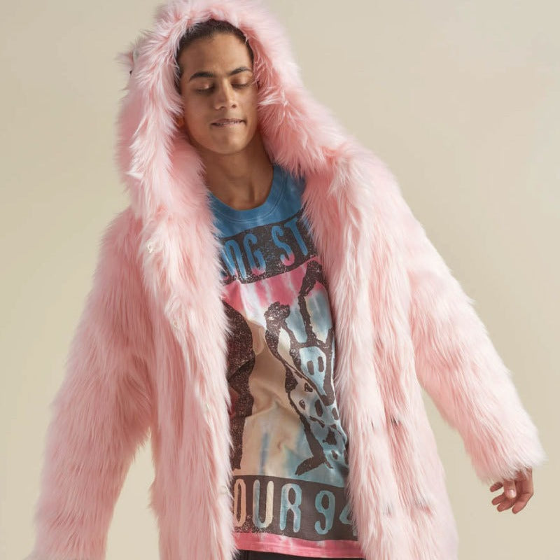 Women's Longer Hooded Faux Fur Coat with Animal Ears and Fluffy High Pile Shop Velvia