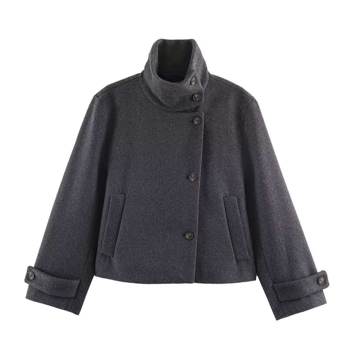 Ladies' short wool coat with high stand-up collar, asymmetrical button placket, and adjustable cuff straps Shop Velvia