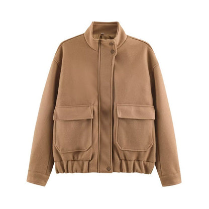 Women's Boxy Wool Blouson with Stand-up Collar, Large Flap Pockets and Elastic Hem Shop Velvia