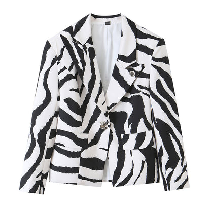 Women’s Statement Zebra Blazer with Lapel Collar and Tailored Silhouette Shop Velvia